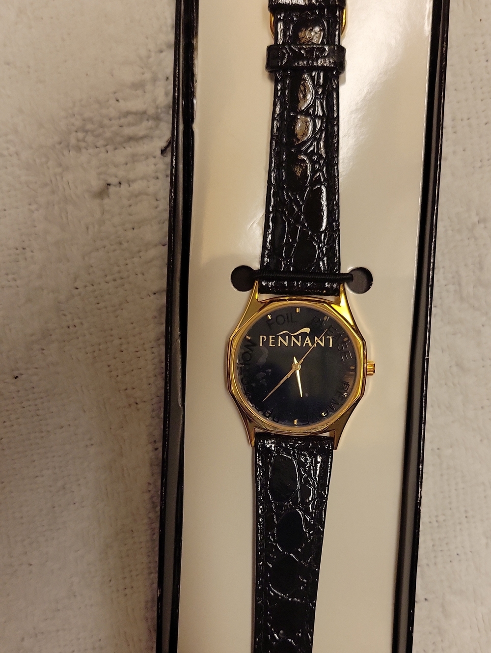 Vintage New Pennant Black Leather Gold-Tone Watch w/Box.  Plastic Still On Face